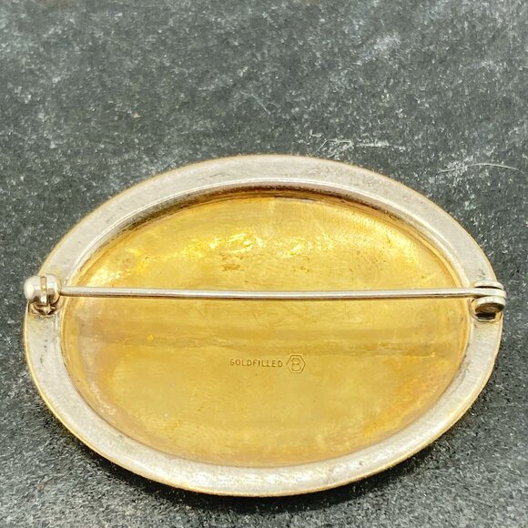 BURKHARDT Vintage etched gold-filled oval brooch with flower and leaf design pin - Picture 7 of 8